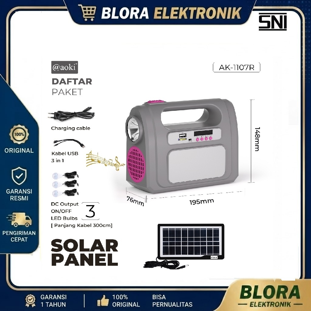 AOKI AK-1101 SOLAR LIGHTING MOBILE POWER SYSTEM 8000mAh POWER BANK MULTI FUNGSI