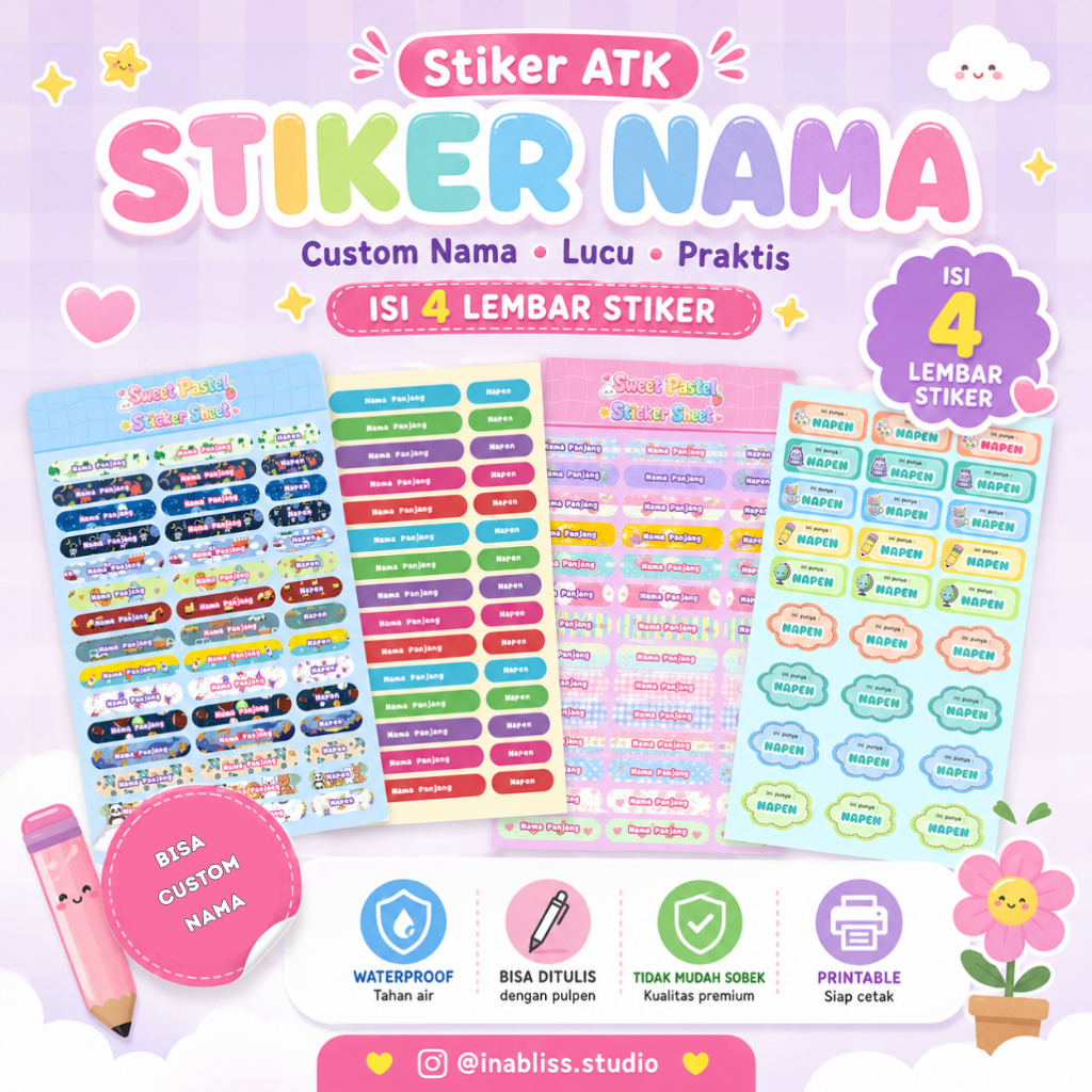 Stiker ATK Pensil Pulpen Tumbler dan Perlengkapan Sekolah- Premium Quality- Waterproof
