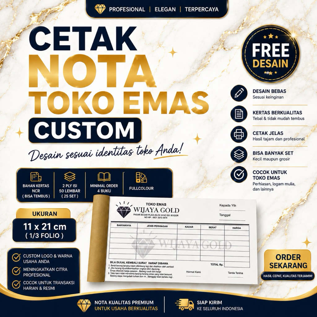 Cetak Nota Toko Emas Custom | free desain | ukuran 1/3 folio (11x21cm)
