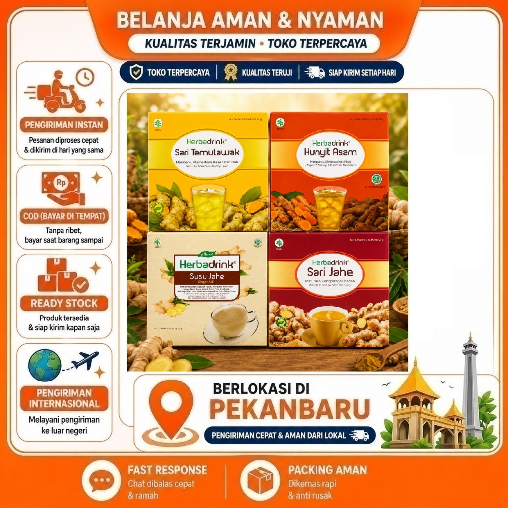 5 Saset Herbadrink Minuman Bubuk Instan Rasa Sari Temulawak, Kunyit Asam, Sari Jahe, Susu Jahe Halal