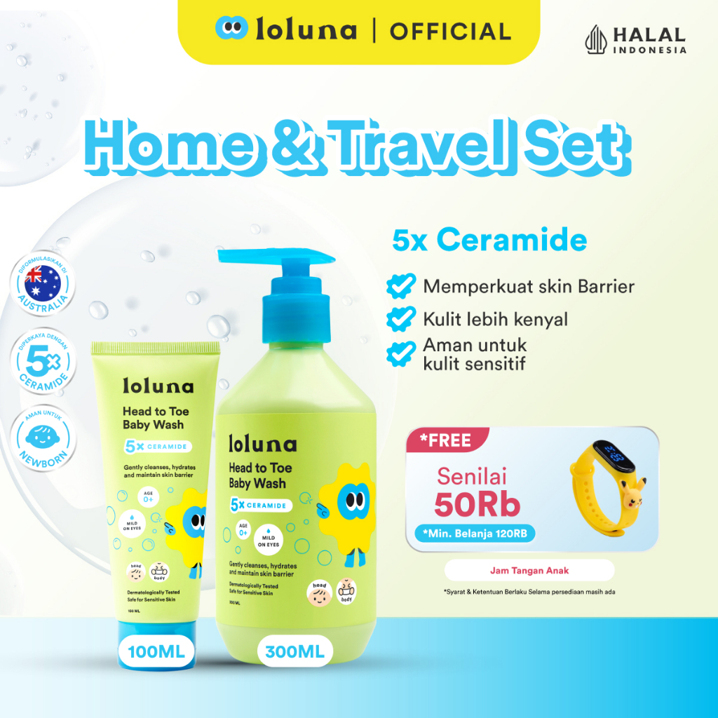 LOLUNA Home & Travel Set - Head to Toe Wash 100ml/ Head to Toe Wash 300ml - 5x Ceramide/ Skin Barrie