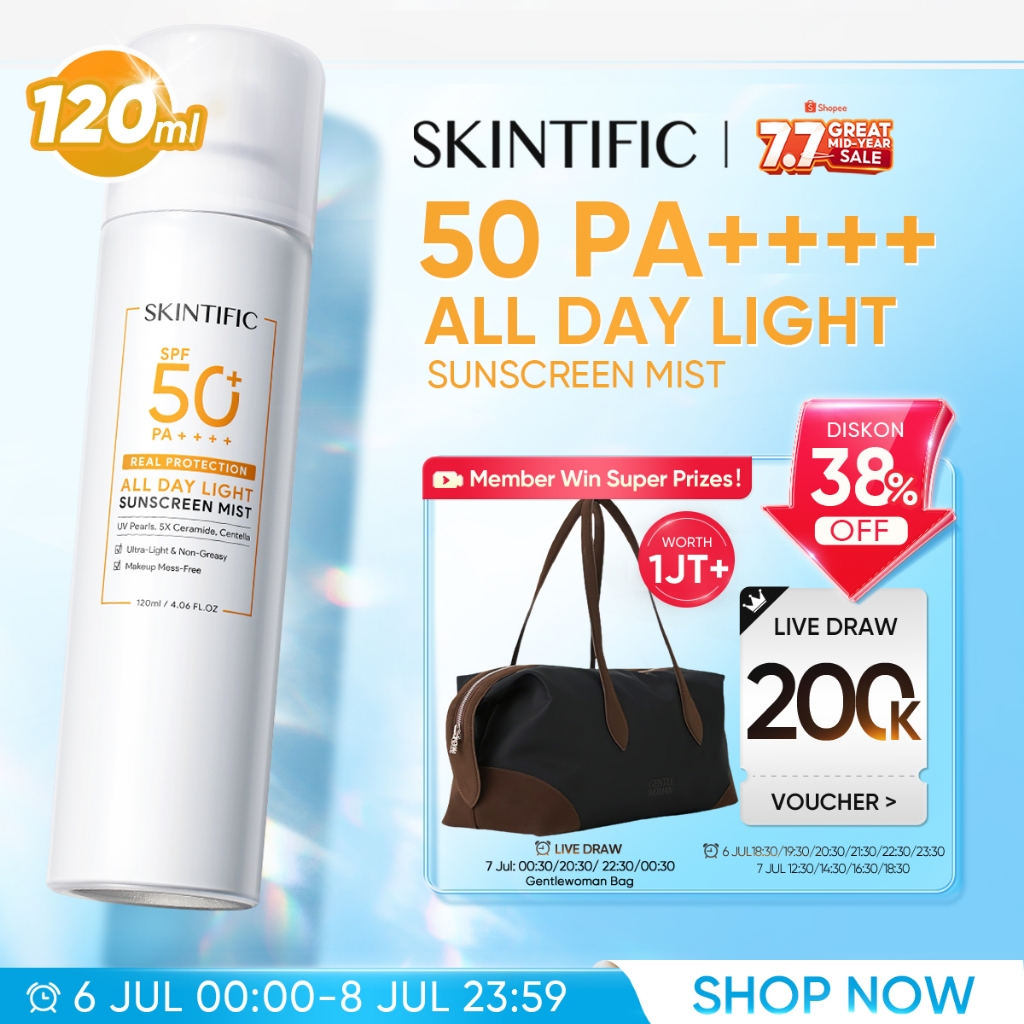 SKINTIFIC – All Day Light Sunscreen Mist SPF 50 PA++++ 120ml | Sunscreen Spray Wajah & Tubuh | Perli