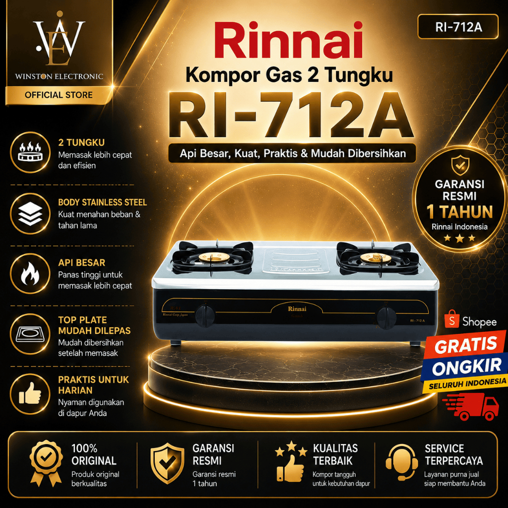 KOMPOR GAS RINNAI  RI 712A KOMPOR GAS 2 TUNGKU/RI712 A/RI 712A/RI 712 A/RI-712A/ORIGINAL BERGARANSI