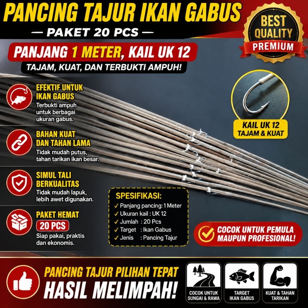 pancing tajur / dorang paket 20 pcs siap pasang ,mata kail pancing UK 12 , pancing dorang,pancing ra