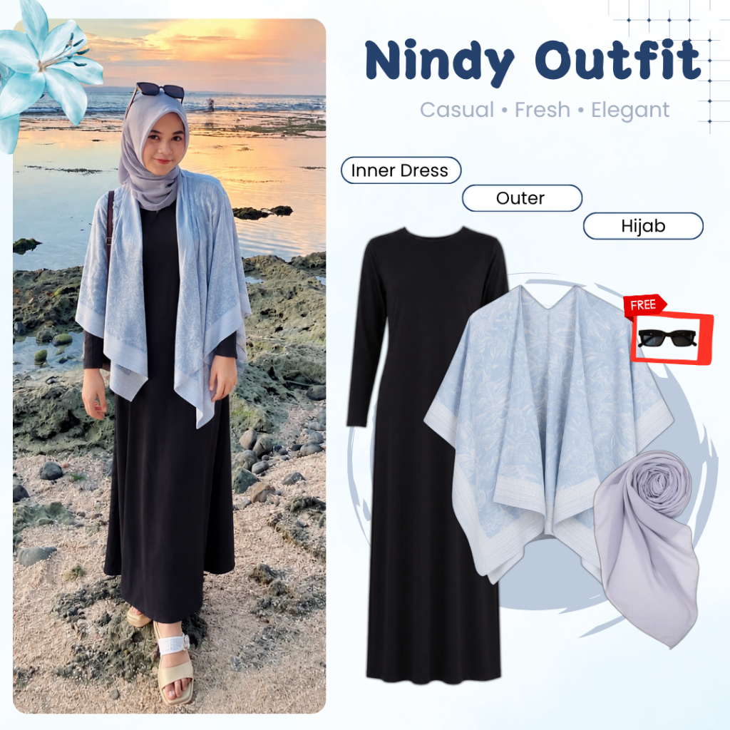Outfit Pantai Remaja Wanita Kekinian | Outer + Inner Dress + Hijab | OOTD Hangout Casual Modis | DM1