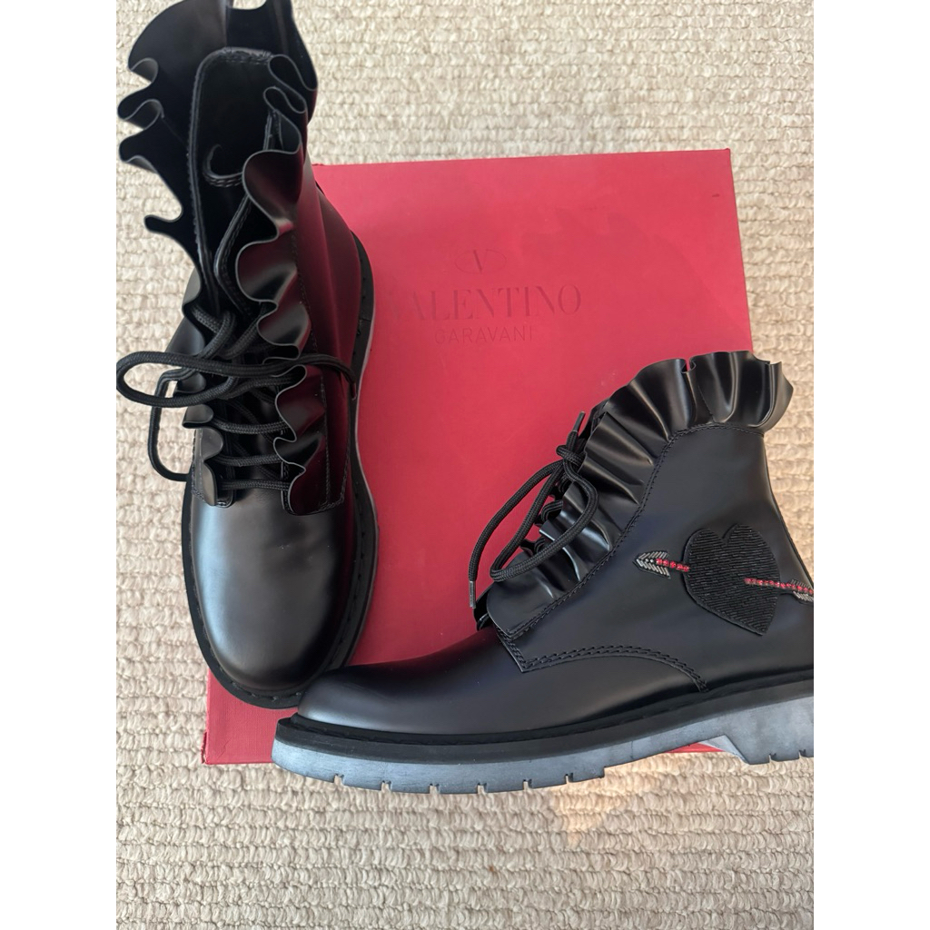 Valentino Garavani Heart Ruffle Combat Boots Black Original | Like New | With Box