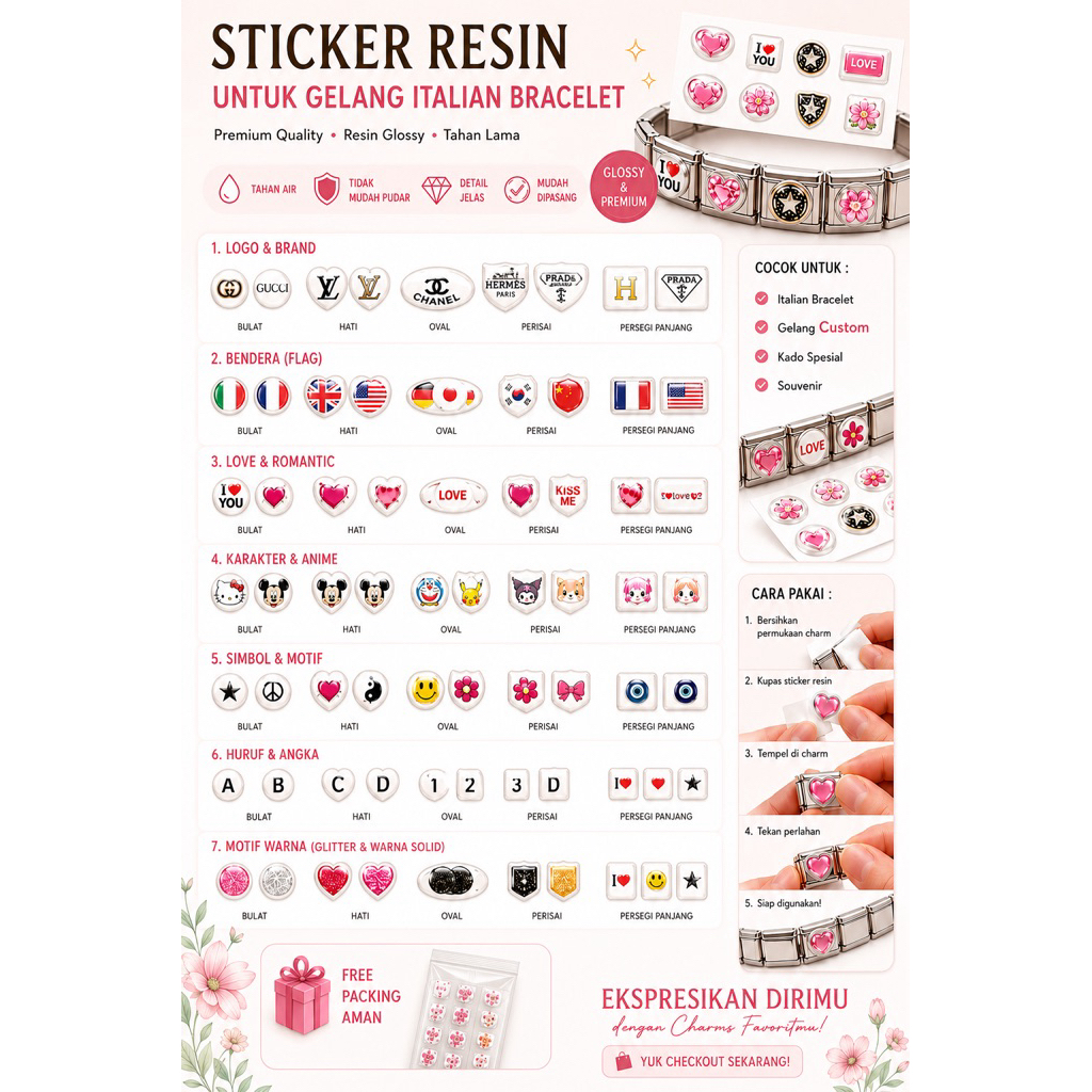 1 Sticker Charm Italian Bracelet Custom Desain Foto