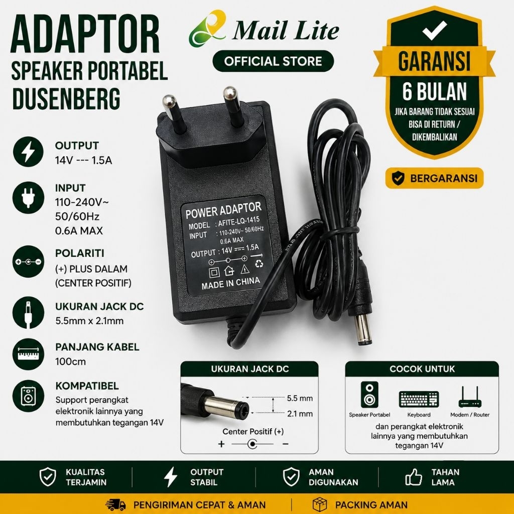 Ac DC Adaptor speaker portabel Dusenberg 14V 1.5A Jack 5.5mm x 2.5mm Charger
