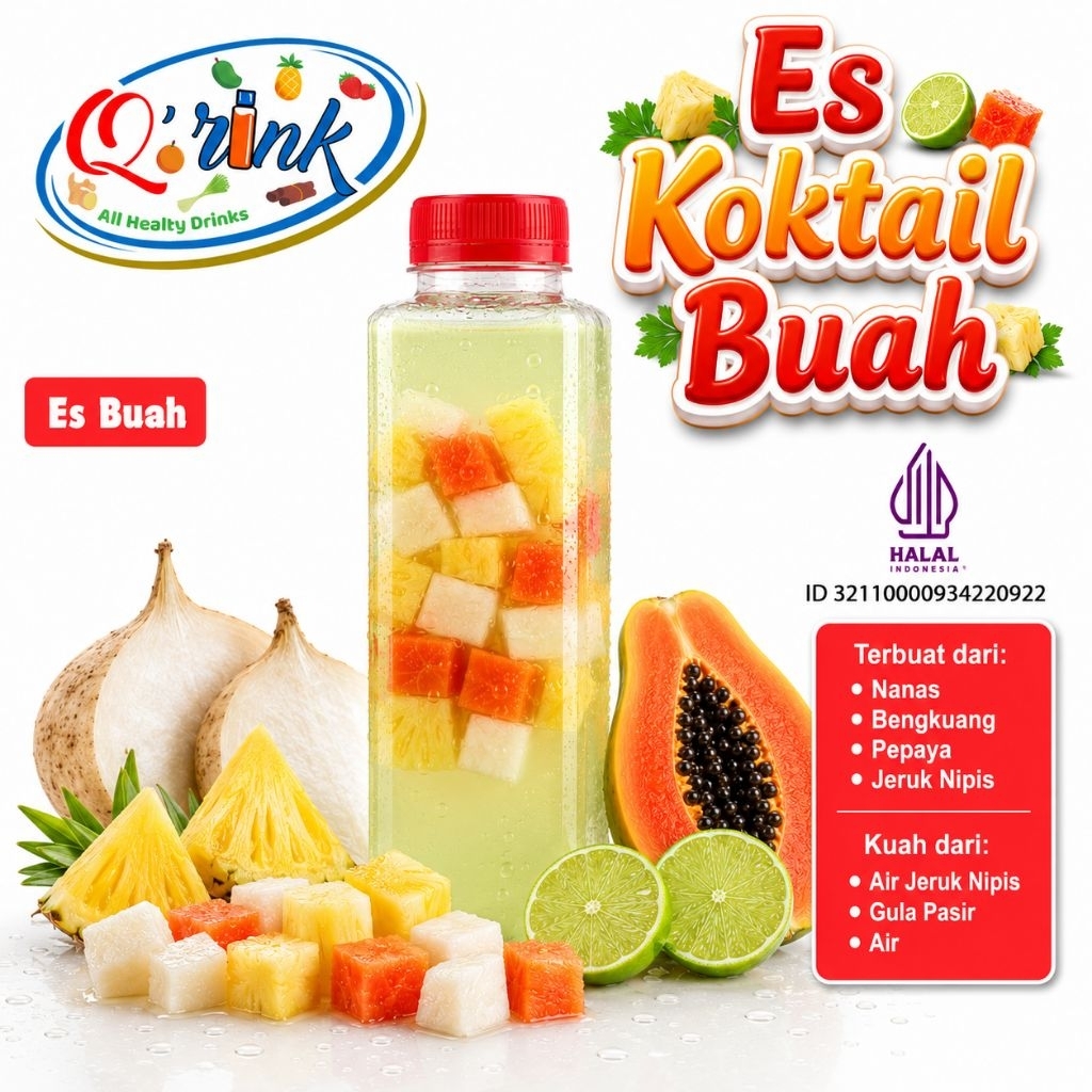 Es Buah Koktail Botol Kale 250ml - Q'rink Minuman Segar Sehat & Halal | Kaya Vitamin C & Serat | Nan