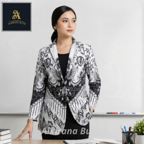ALKIRANA BUTIK-Blazer Batik Wanita Motif Hitam Putih Lengan Panjang Formal Modern
