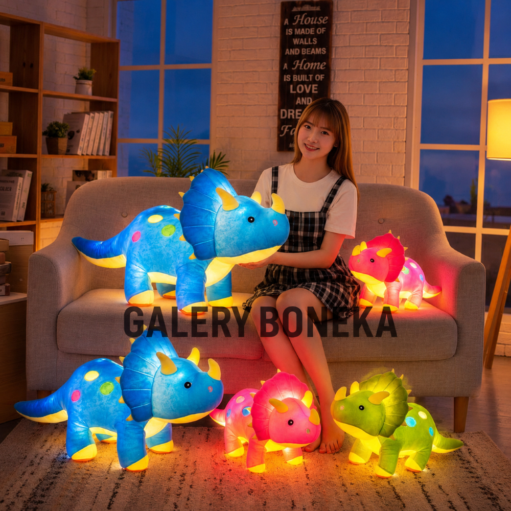 Boneka Dinosaurus Jumbo 70cm Plus LED Bisa Nyala Dinosaur Triceraptop Badak Bercula Halus Lembut