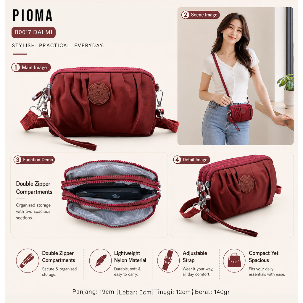 OMIRABAGS - Pioma Dalmi Tas Selempang Wanita Dompet Selempang Tas HP 3 Resleting Pouch make up Besar