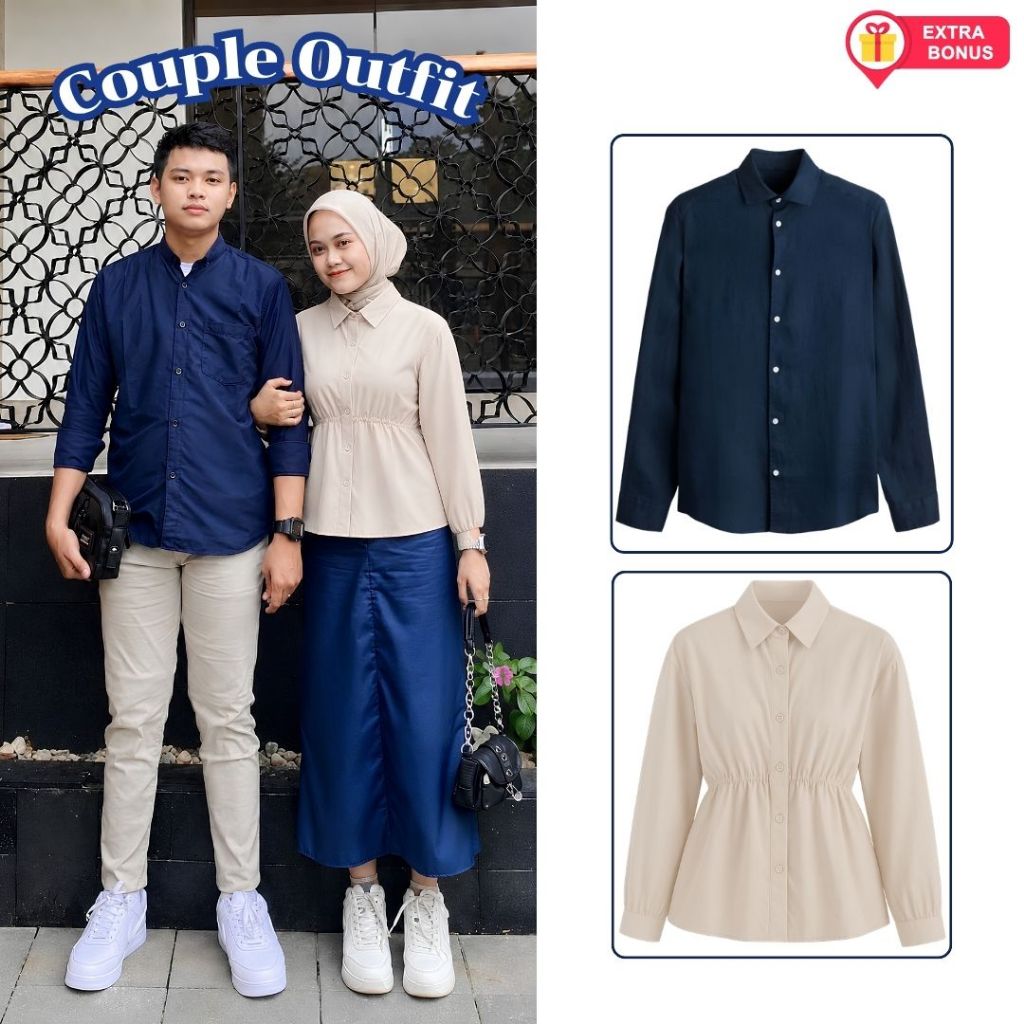 OneSet Couple Kemeja Serut Rok Jeans Hijab Segi Empat Wanita Kemeja Lengan Panjang Celana Polos Pria