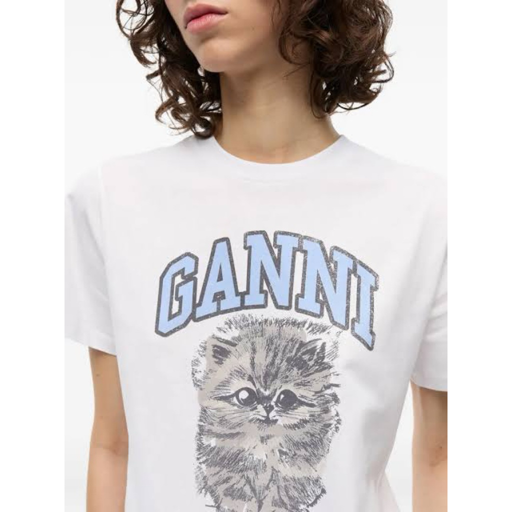 [ORIGINAL] GANNI ORGANIC COTTON TSHIRT WHITE | Bright White Relaxed Jersey Kitty Tshirt | Atasan wan