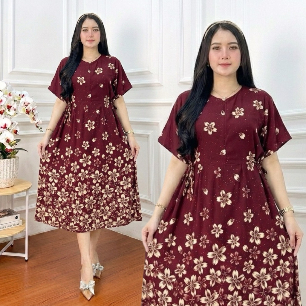Daster Chibi Rayon Wanita Harian Santai Lengan Pendek Ld 110 Busui Bumil Resleting Depan Motif Bunga