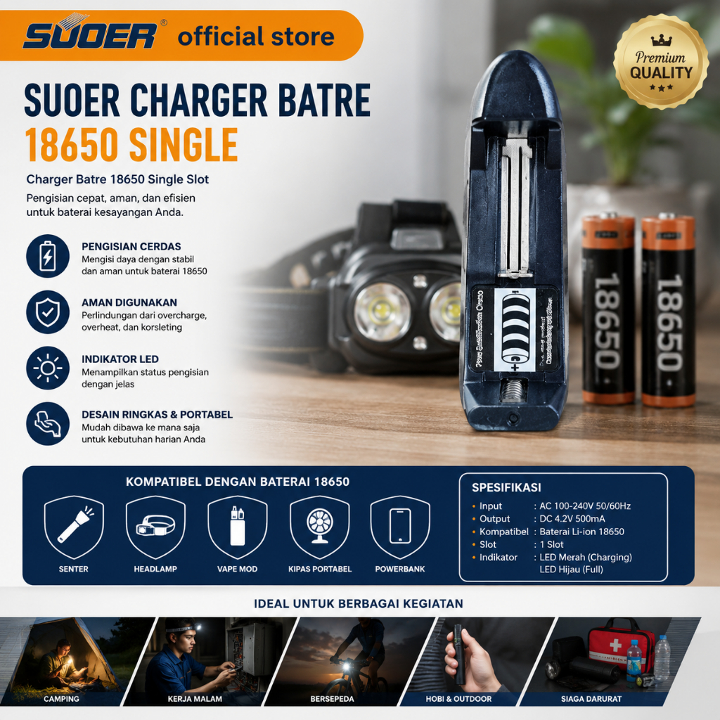 SUOER Charger Baterai 18650 Single Slot Smart Charger