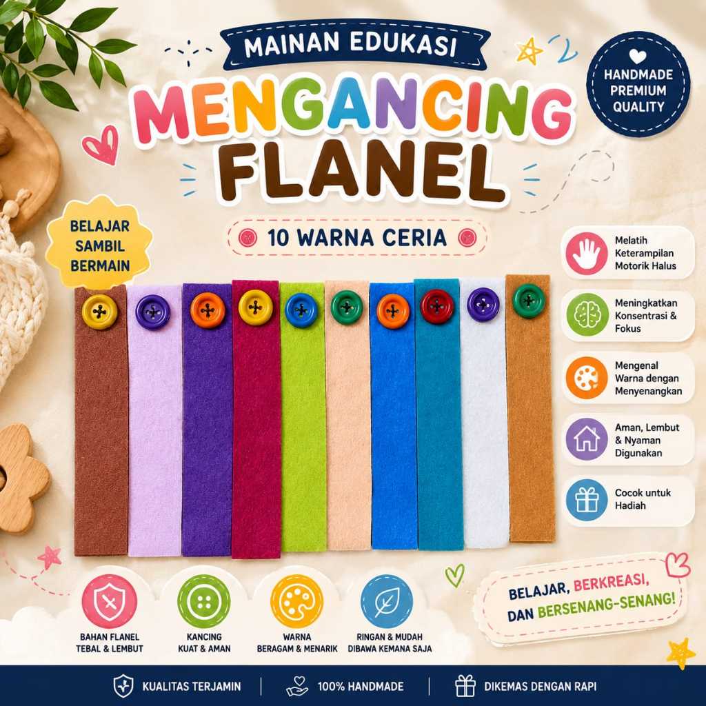 Mainan edukasi anak mengancing flanel 10 warna ceria