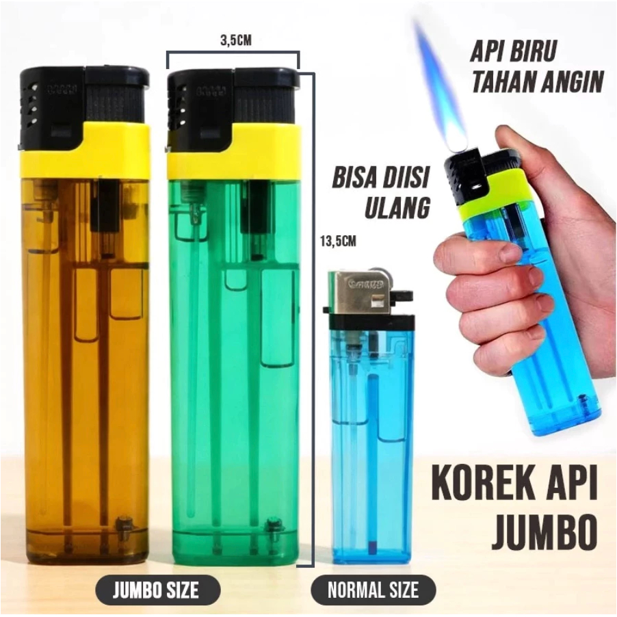 (ECERAN / SATUAN) KOREK API BARA JUMBO M2000 BESAR API BIRU TAHAN ANGIN BISA DIISI ULANG