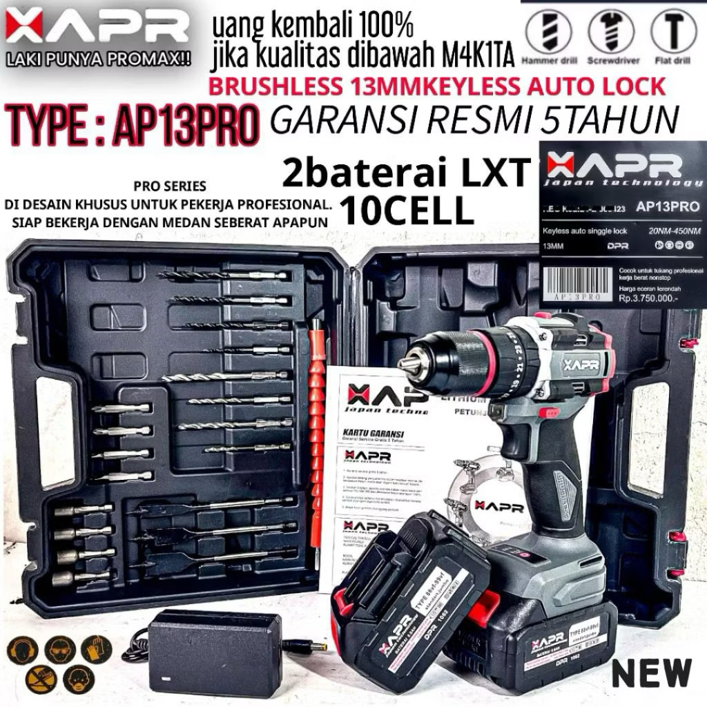 APR AP13pro Mesin bor cordless APR JAPAN 48v 13mm batrei impact wrench Brushless black fulset koper 