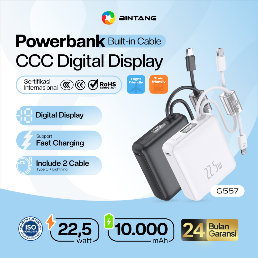 [Tersertifikasi CCC] BINTANG Powerbank G557 10000 mAh 22.5W Built-in Dual Cable Type-C Lightning QC 