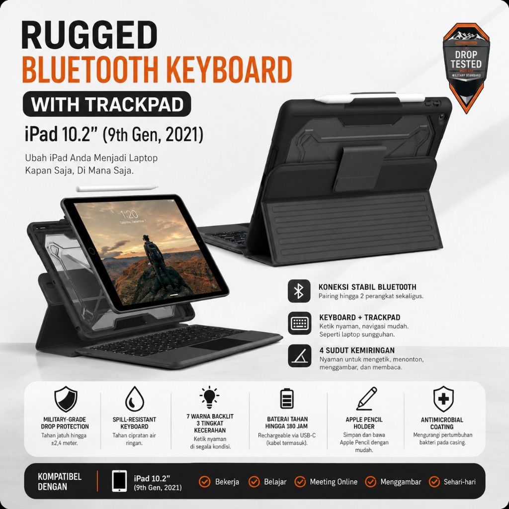Case Rugged Bluetooth Keyboard with Trackpad iPad 10.2 Inch Gen 9 2021 UAG