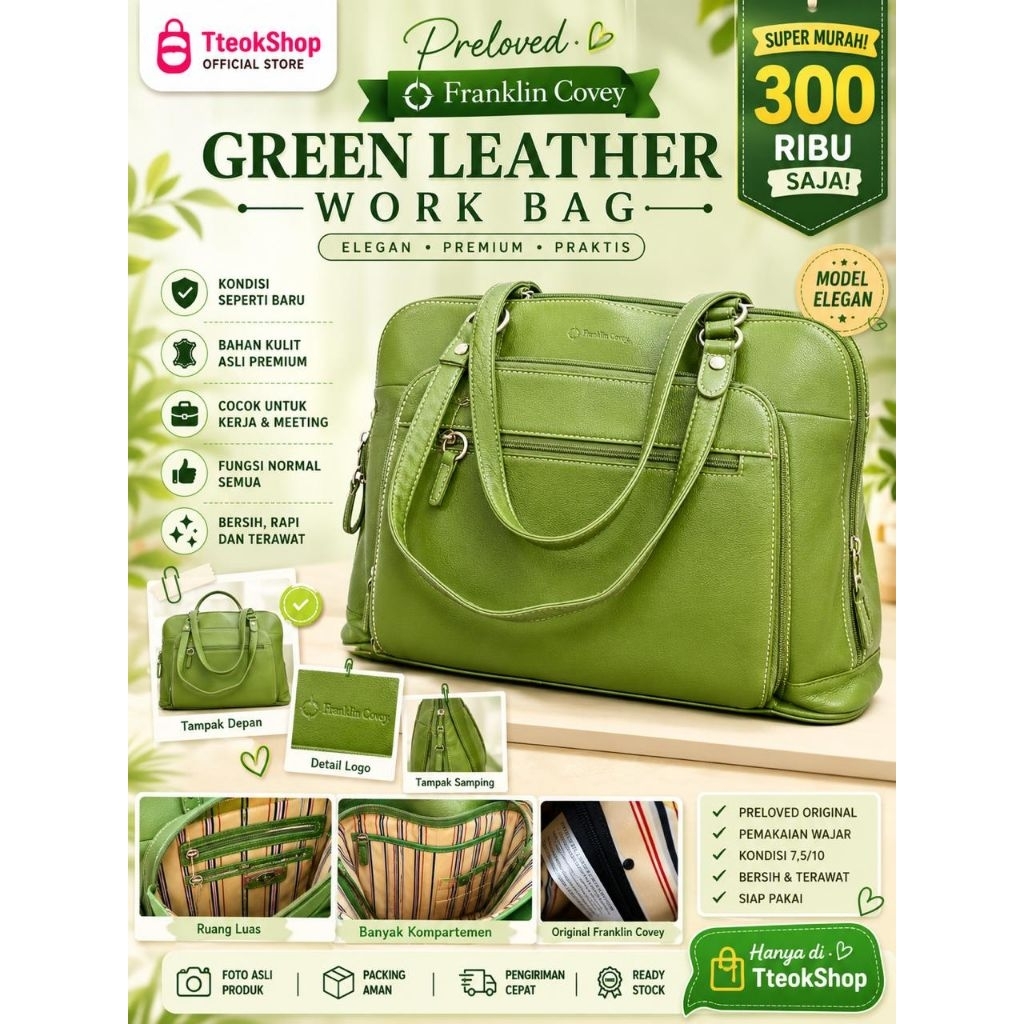 Tas Preloved Franklin Covey Green Leather Work Bag