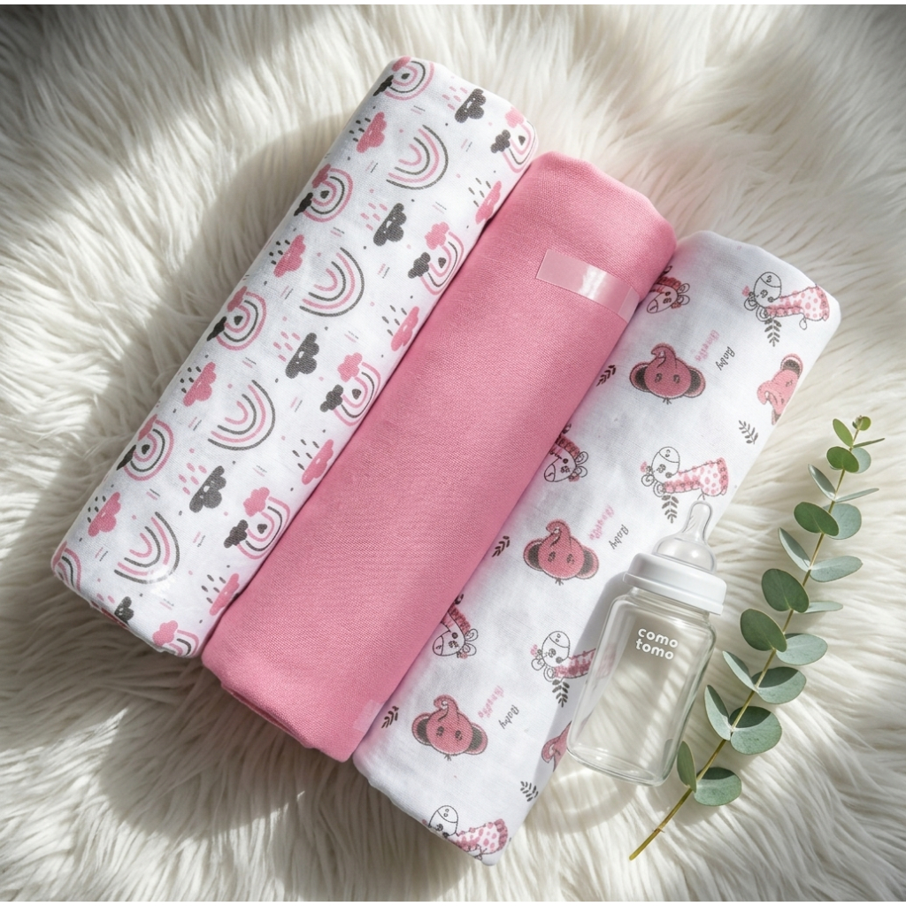 3 PCS Bedong Bayi Jumbo 110x90cm Bedong Baby Newborn Pernel Bayi Kaos Motif Lucu