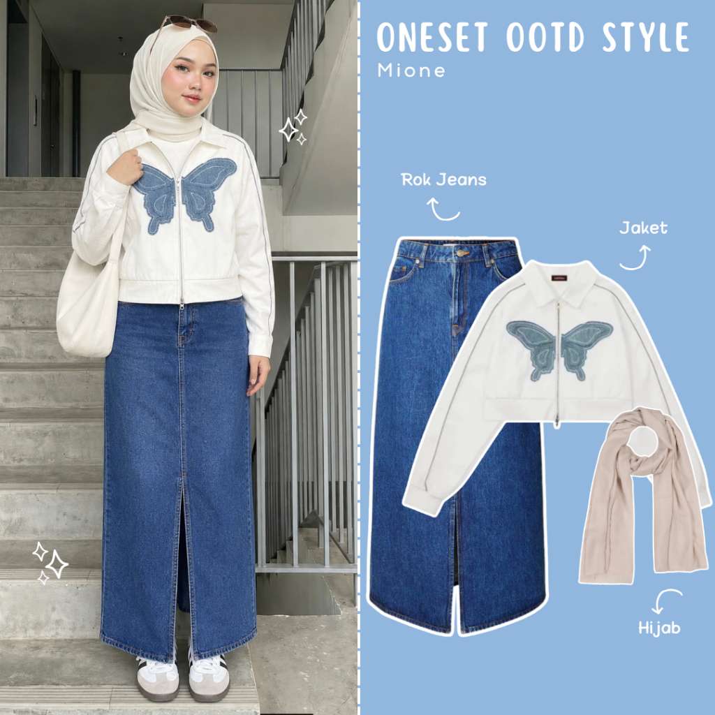 Mione One Set Hijab Wanita Kekinian / Jacket Butterfly Crop + Rok Jeans Maxi + Hijab Square / Setela