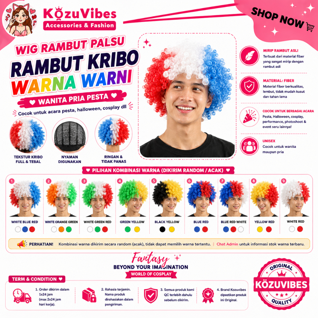 Kozuvibes Wig Rambut Palsu Rambut Kribo Warna Warni Wanita Pria Pesta