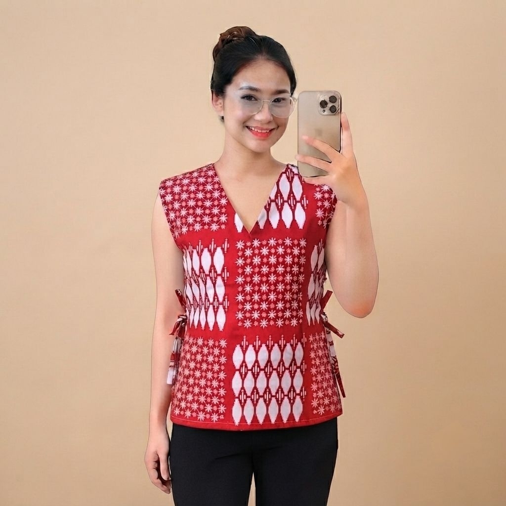 Rompi Batik Wanita ModernVest Batik Wanita Outer Style Kerja BahanKatun Premium Merah Putih