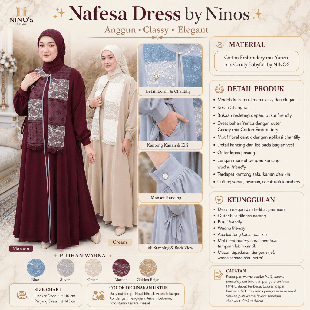 Nafesa Dress by Ninos Gamis Wanita Embroidery Floral Outer Ceruty Yurizu Busui Wudhu Friendly LD 110