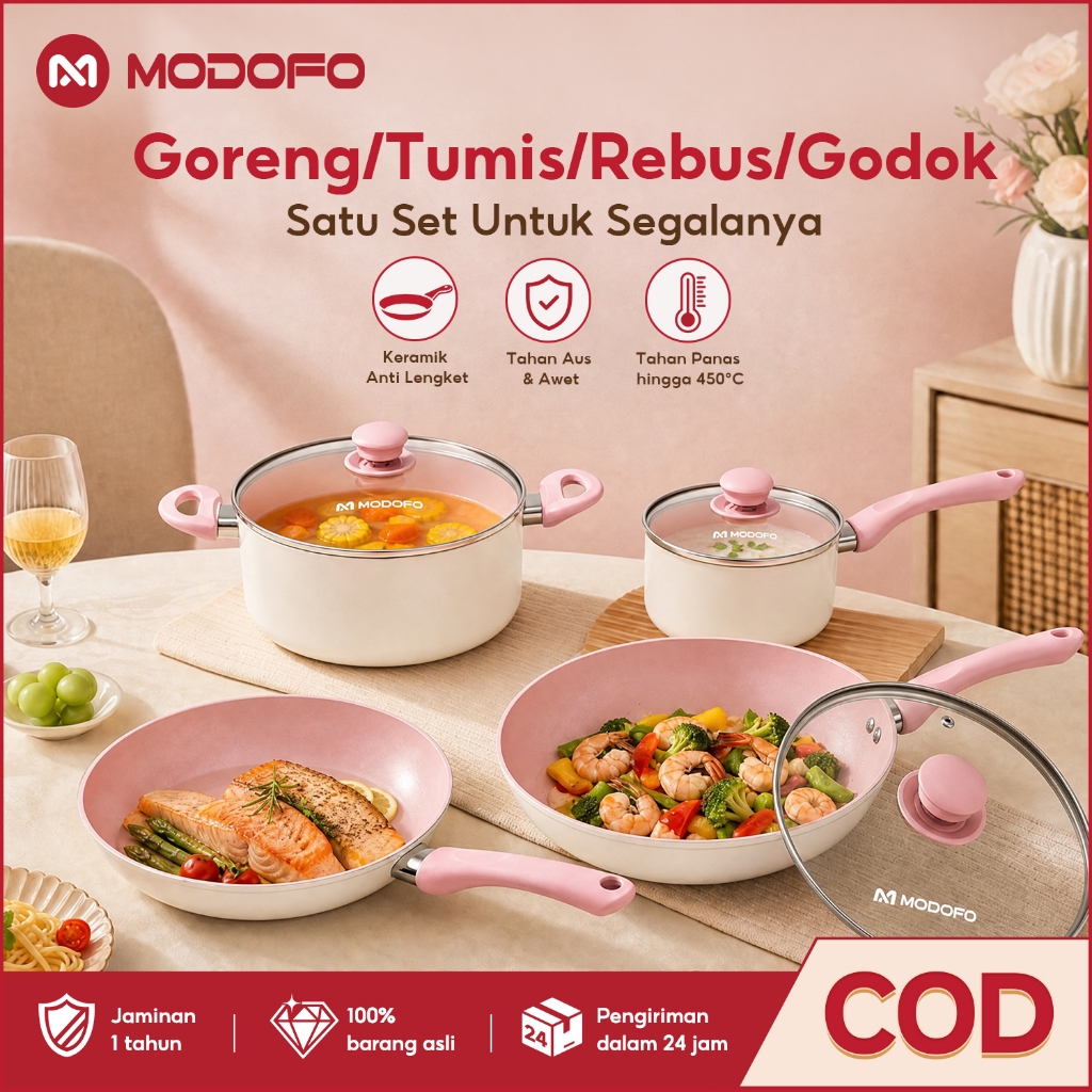 MODOFO Panci Set Lengkap Anti Lengket 4pcs Wajan Penggorengan Anti Lengket Dandang Kukus Enamel Tepl