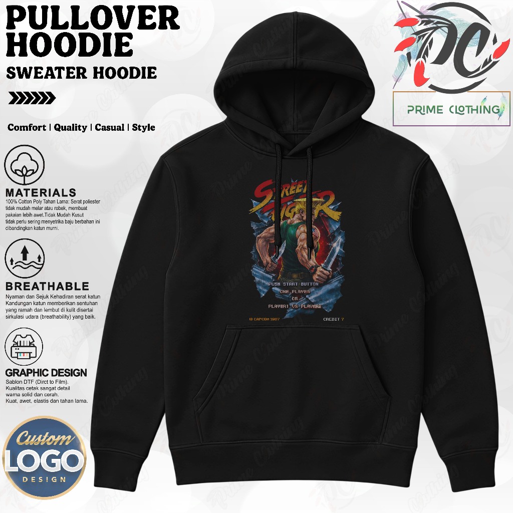 HOODIE DEWASA HOODIE PRIA & WANITA SWEATER HOODIE HITAM CUSTOM DESIGN CLASSIC STREET FIGHTER GUILE