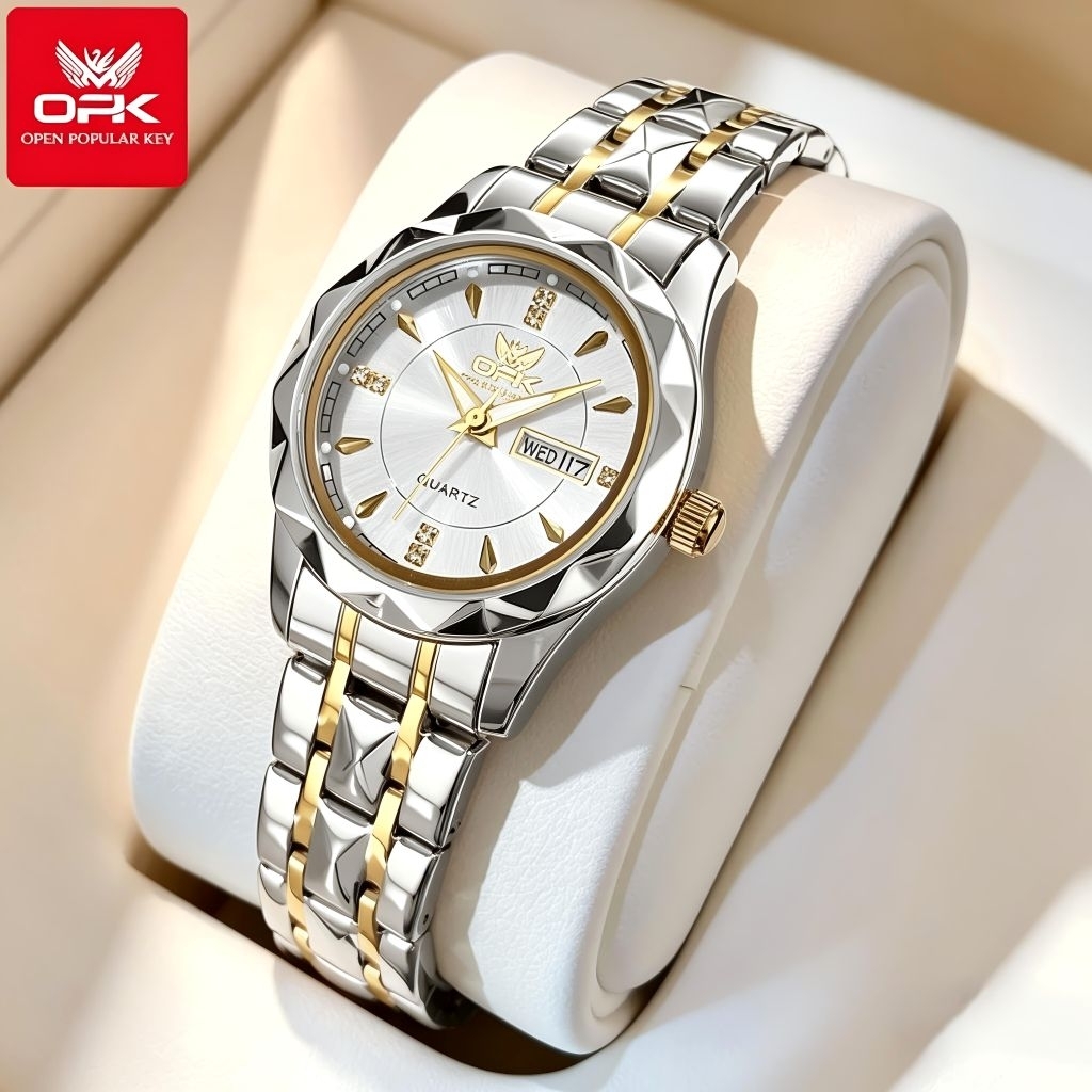 EXCLUSIVE Jam Tangan OPK Wanita 8151 Original Anti Air Kalender Cewek Stainless Steel Style Quartz