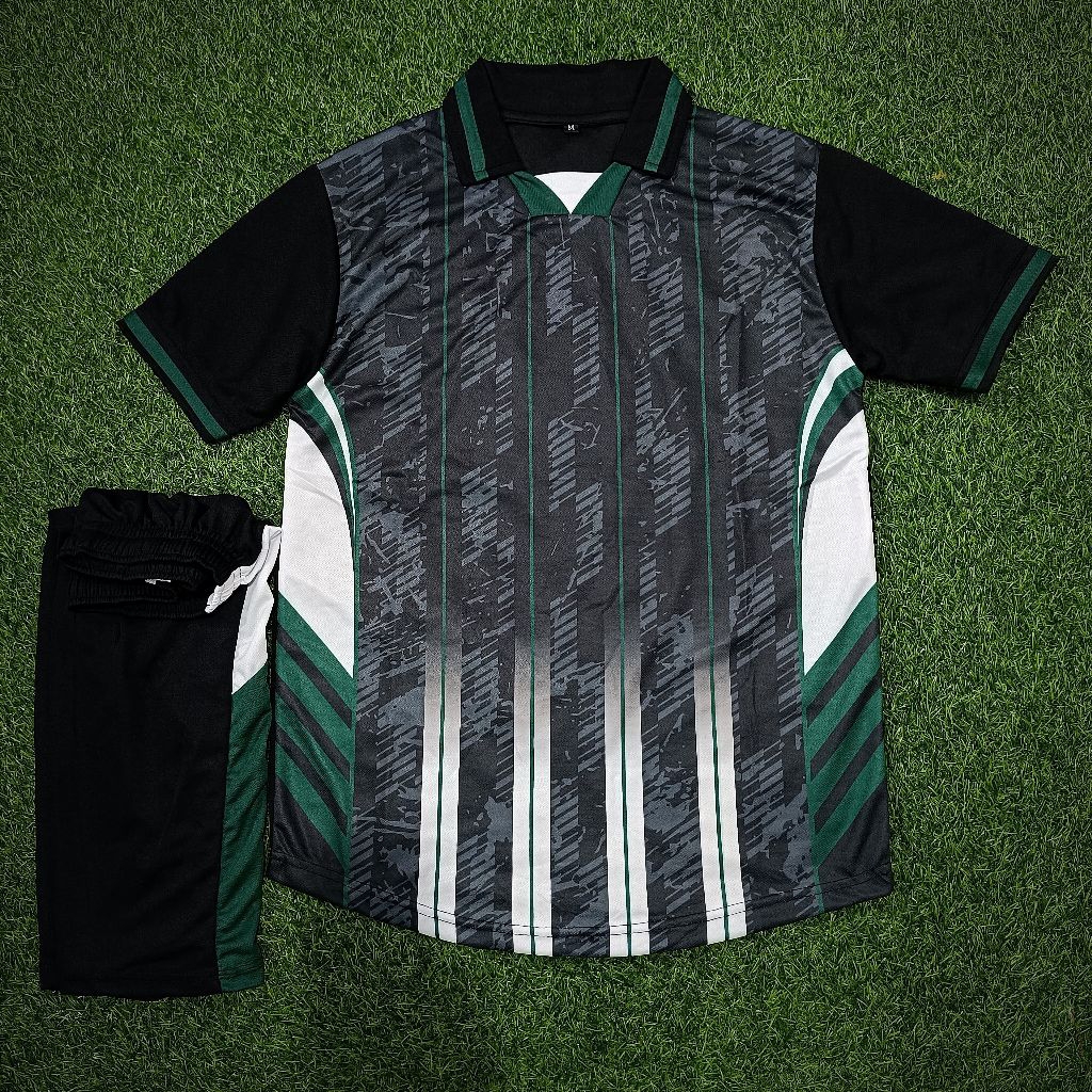 MOTIF PRINTING STELAN JERSEY FUTSAL JERSEY BOLA LARVA APPAREL MOTIF LENGAN ABSTRAK HITAM PUTIH HIJAU