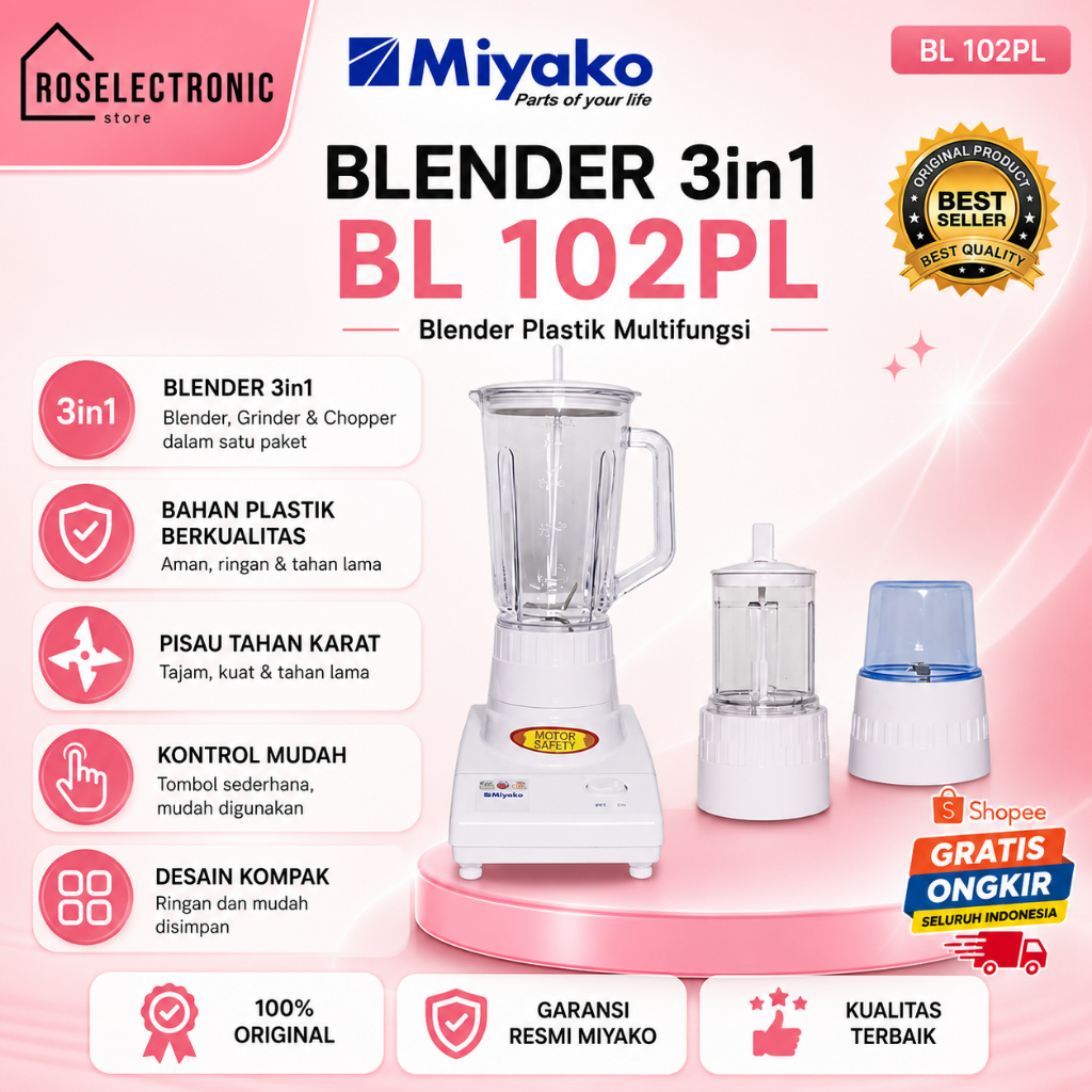 Miyako Blender 3in1 BL 102PL - Blender Plastik Multifungsi/BL102PL/BL 102PL/BL 102 PL/BL-102PL