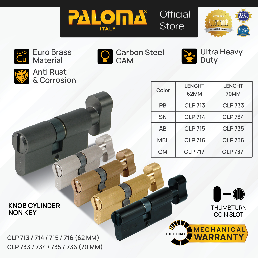 PALOMA Cylinder Kunci Pintu Silinder Knob Non Key Tanpa Kunci KC-NK Brass Kuningan Gold Emas Grey Ab