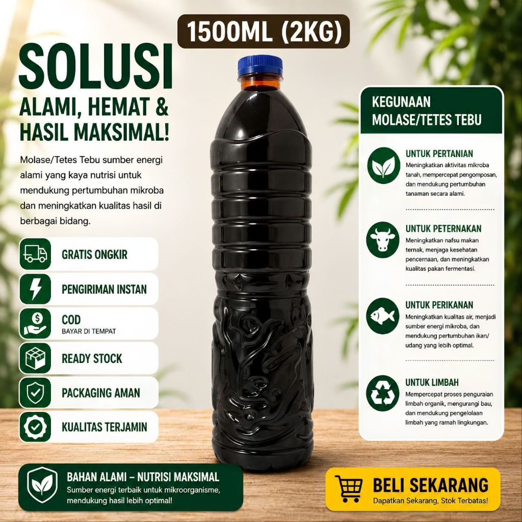 Molase Tetes Tebu 2000 gram | Fermentasi Pakan Ternak, Dekomposer Pupuk Kohe dan Sumber Gizi Bakteri