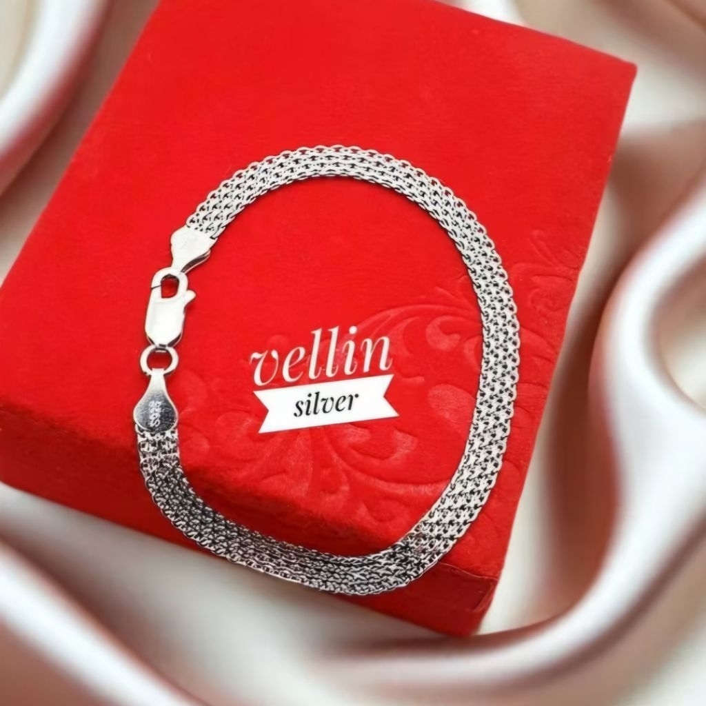 Gelang Tangan Wanita Silver 925 Lapis Emas Putih - Perhiasan Gelang Gepeng Perak Ori 925