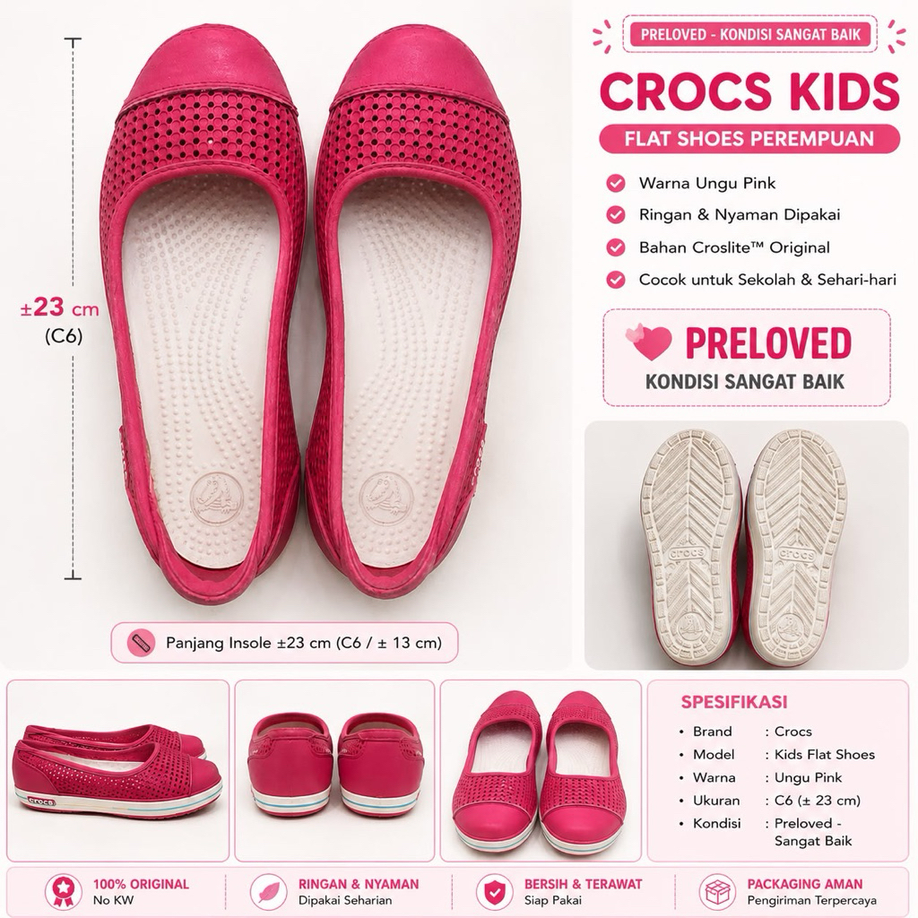 Crocs Kids Flat Shoes Pink Original Preloved Sepatu Anak Perempuan Ringan Nyaman C6 ±23 cm