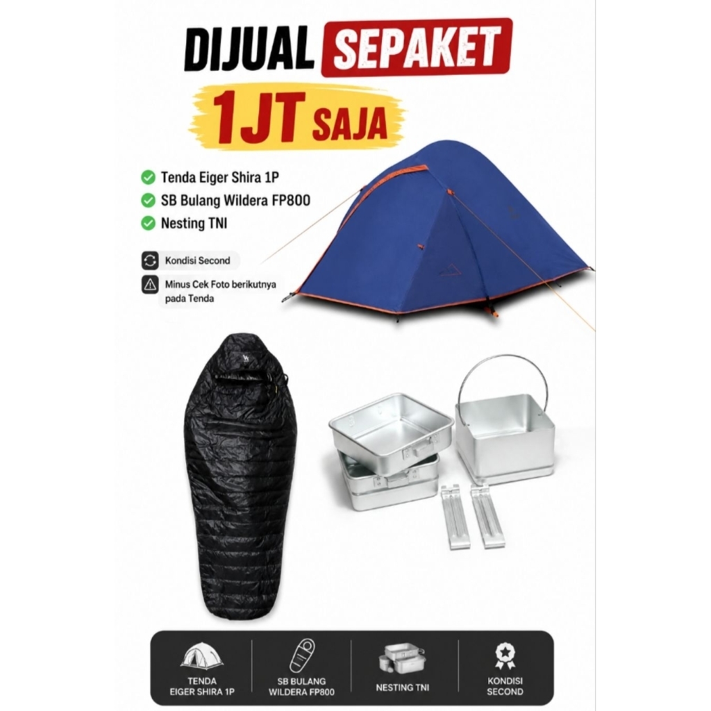 Sepaket TENDA EIGER SHIRA 1P SLEEPING BAG BULU ANGSA NESTING TNI SECOND
