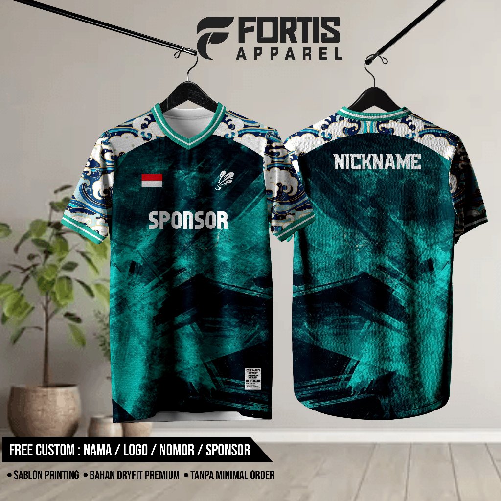 Jersey Custom Badminton Biru Tosca Motif Batik Custom Nama Sponsor Dryfit Premium