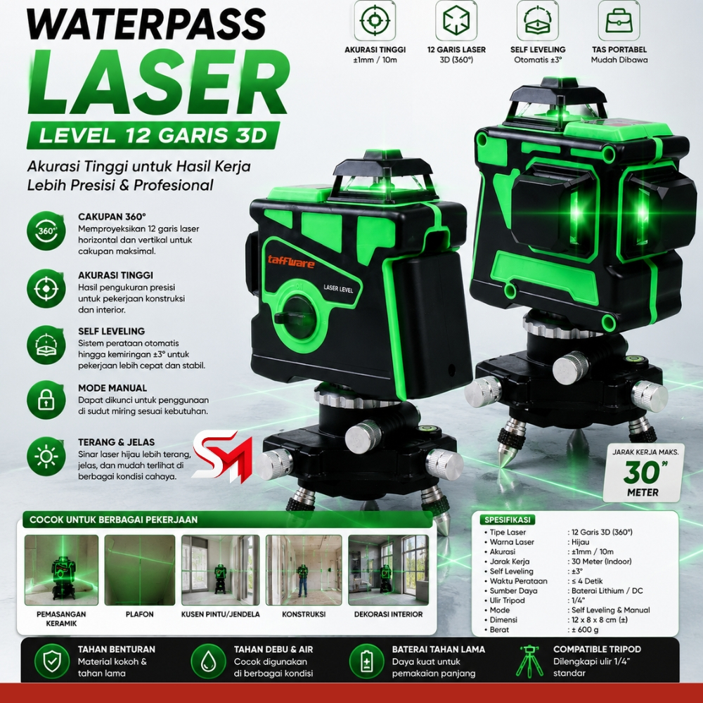 HILDA TAFFWARE Laser LEVELING PENGUKUR 3D WATERPASS LASER High Precision 12 Line + TRIPOD