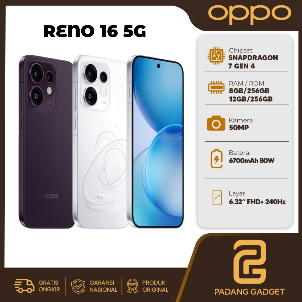OPPO RENO 16 5G 8/256GB 12/256GB HP Android Smartphone Baru Garansi Resmi