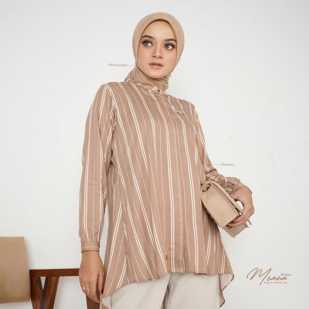 Nadheera Luxury - Moana Blouse Bahan Rayon Premium Atasan Kemeja Wanita Motif Salur Garis Kancing Fu
