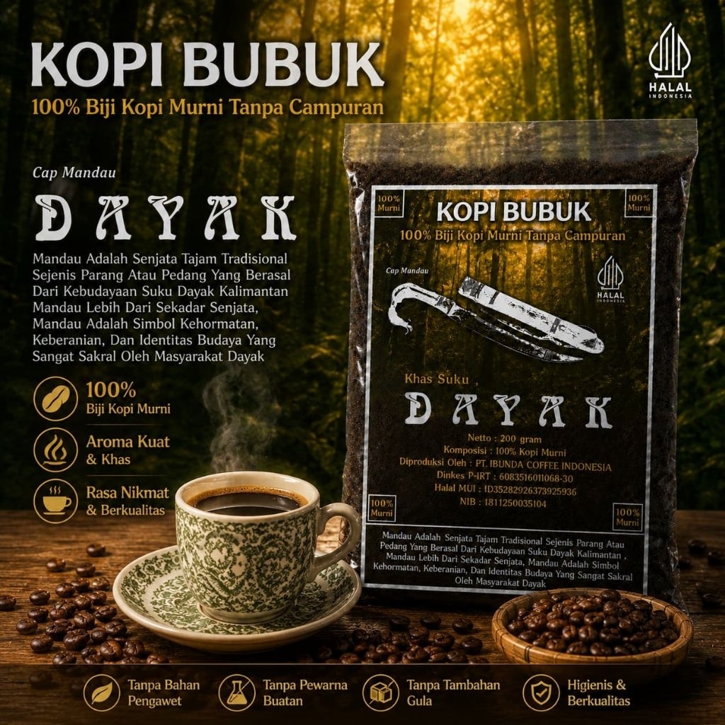 Kopi murni khas Dayak Kalimantan - Bubuk Kopi Asli Murni - Kopi Bubuk Murni 200 gram - Bubuk Kopi As