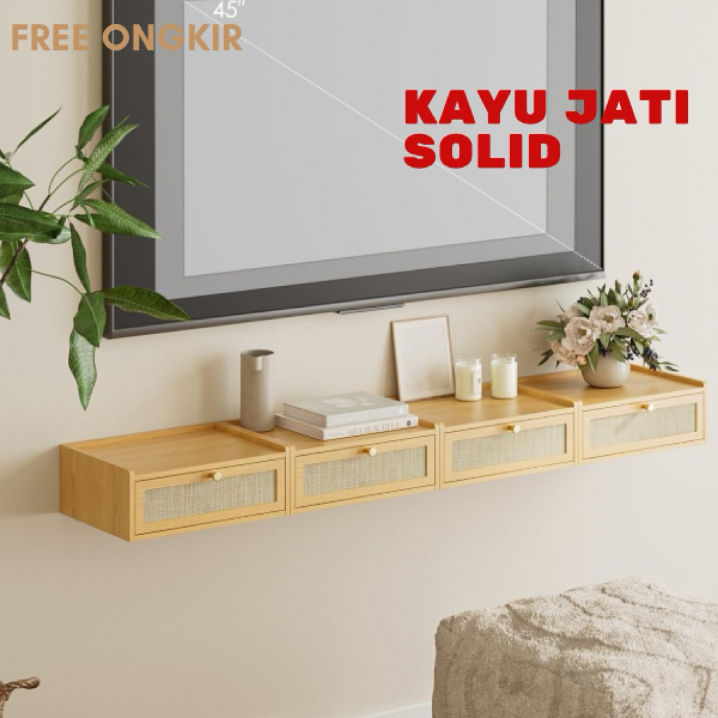 Bufet TV Gantung Minimalis Rak Nakas Floating Kayu Jati Solid