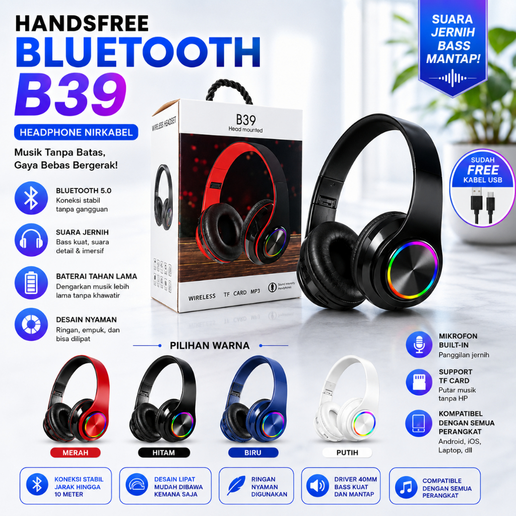 Wireless Bluetooth Headset Stereo Bass LED || B39 Bluetooth Headset Wireless LED Stereo Bass