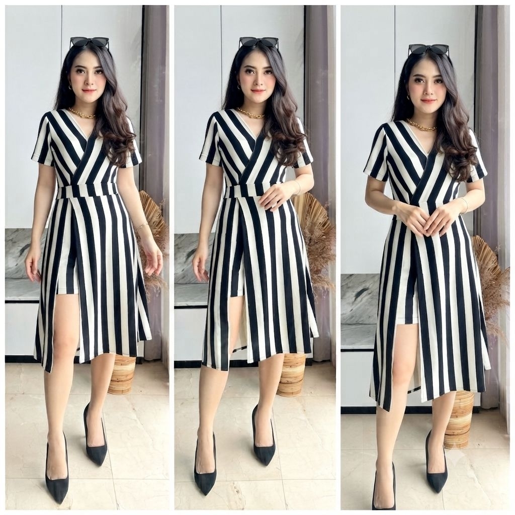 Jumpsuit Rok Scuba Premium Wanita - Dress Jumpsuit Wanita Motif Garis Vertikal Premium Scuba Wrap Ju