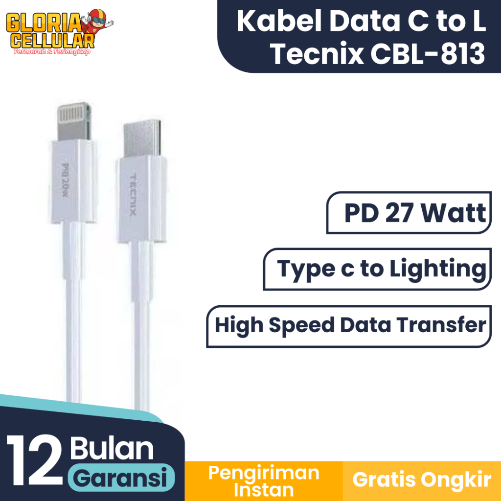 Kabel Data Type-C to Lightning Tecnix CBL-813 PD 27 Watt Transfer Cepat